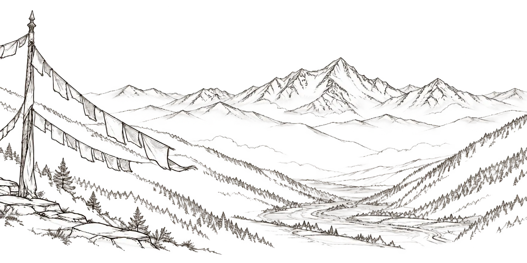 A prayer-flag pole overlooking a Bhutanese valley