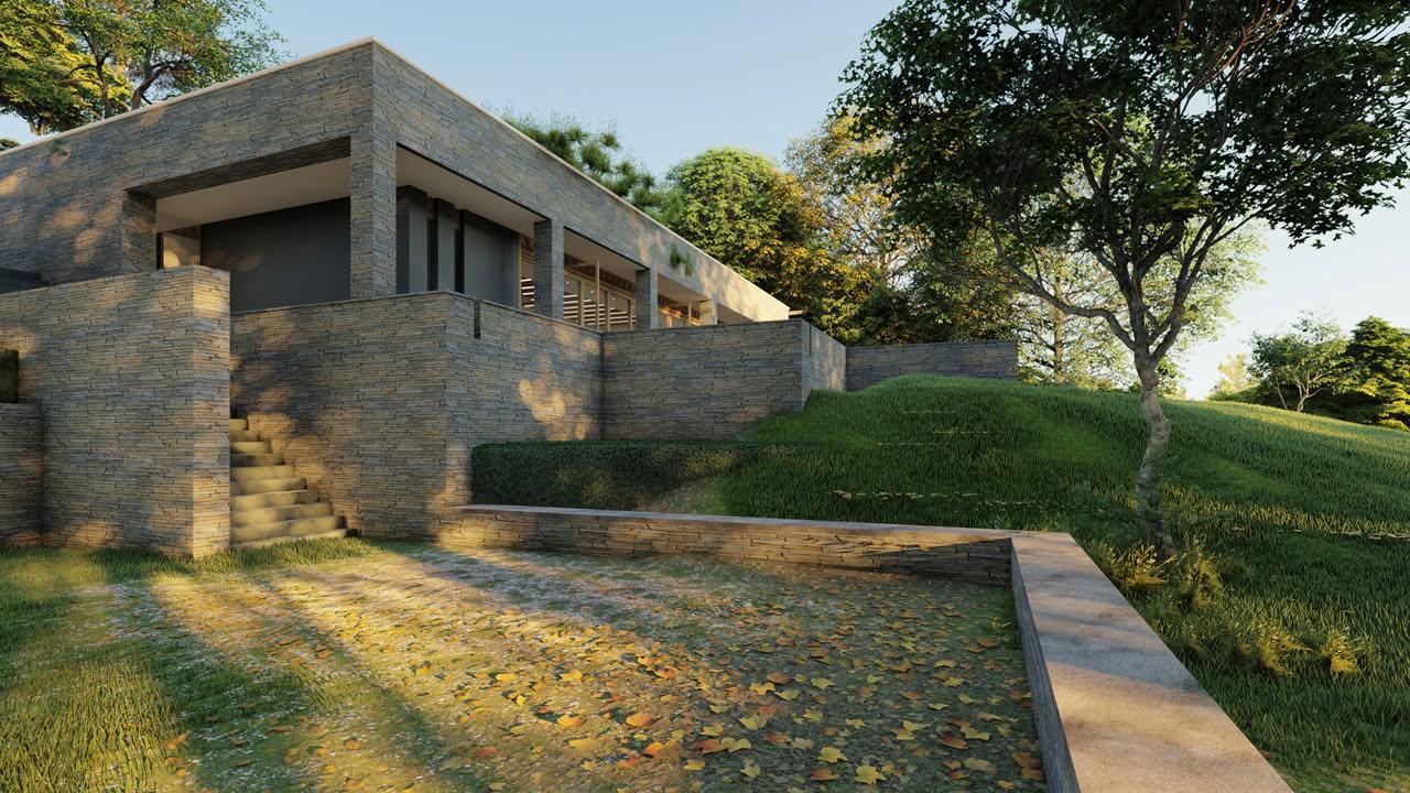 Exterior render — approach