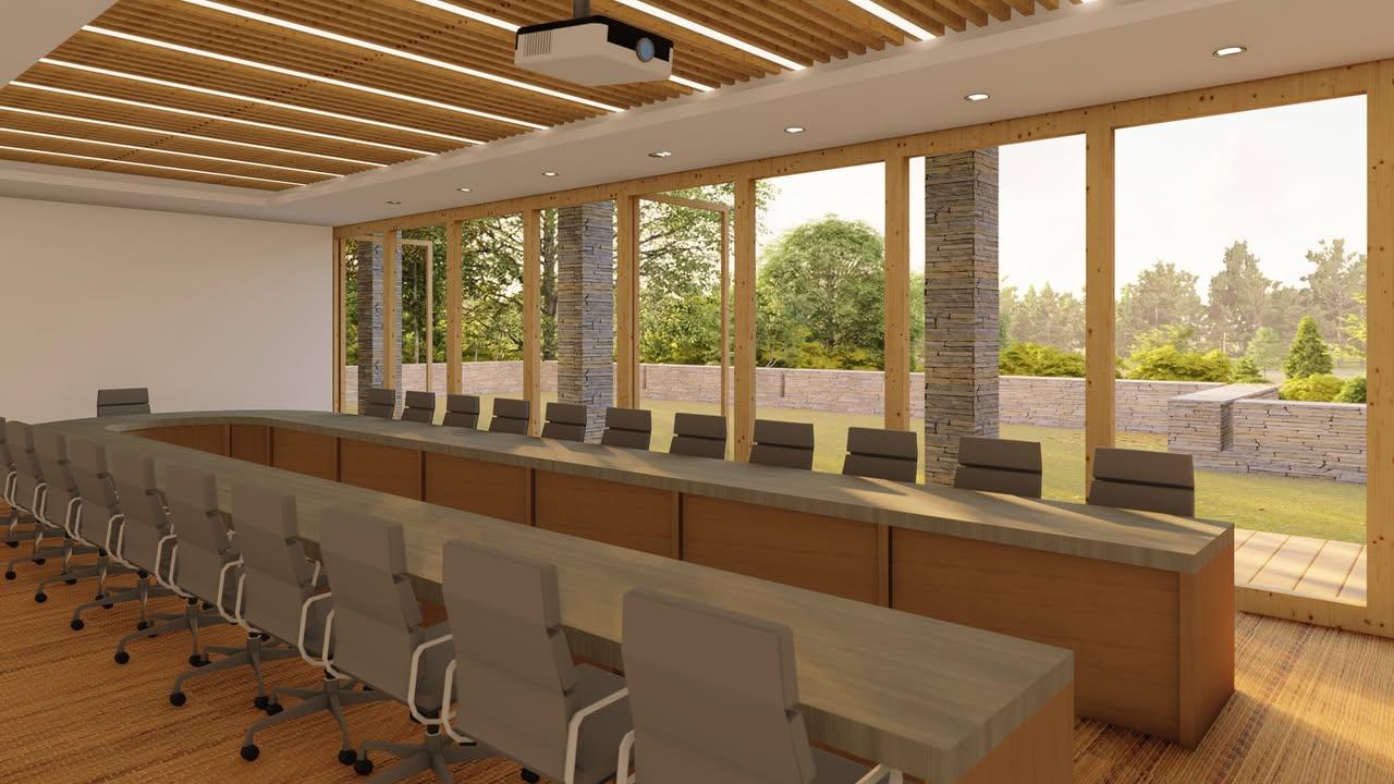Interior render — wide view toward courtyard