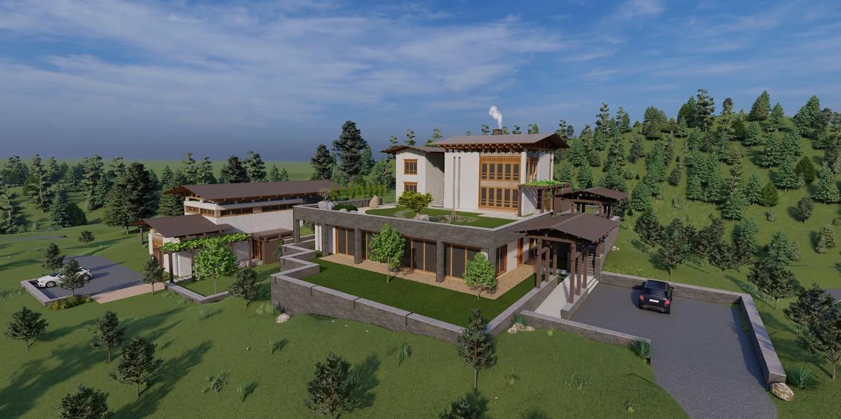 Exterior render — aerial view